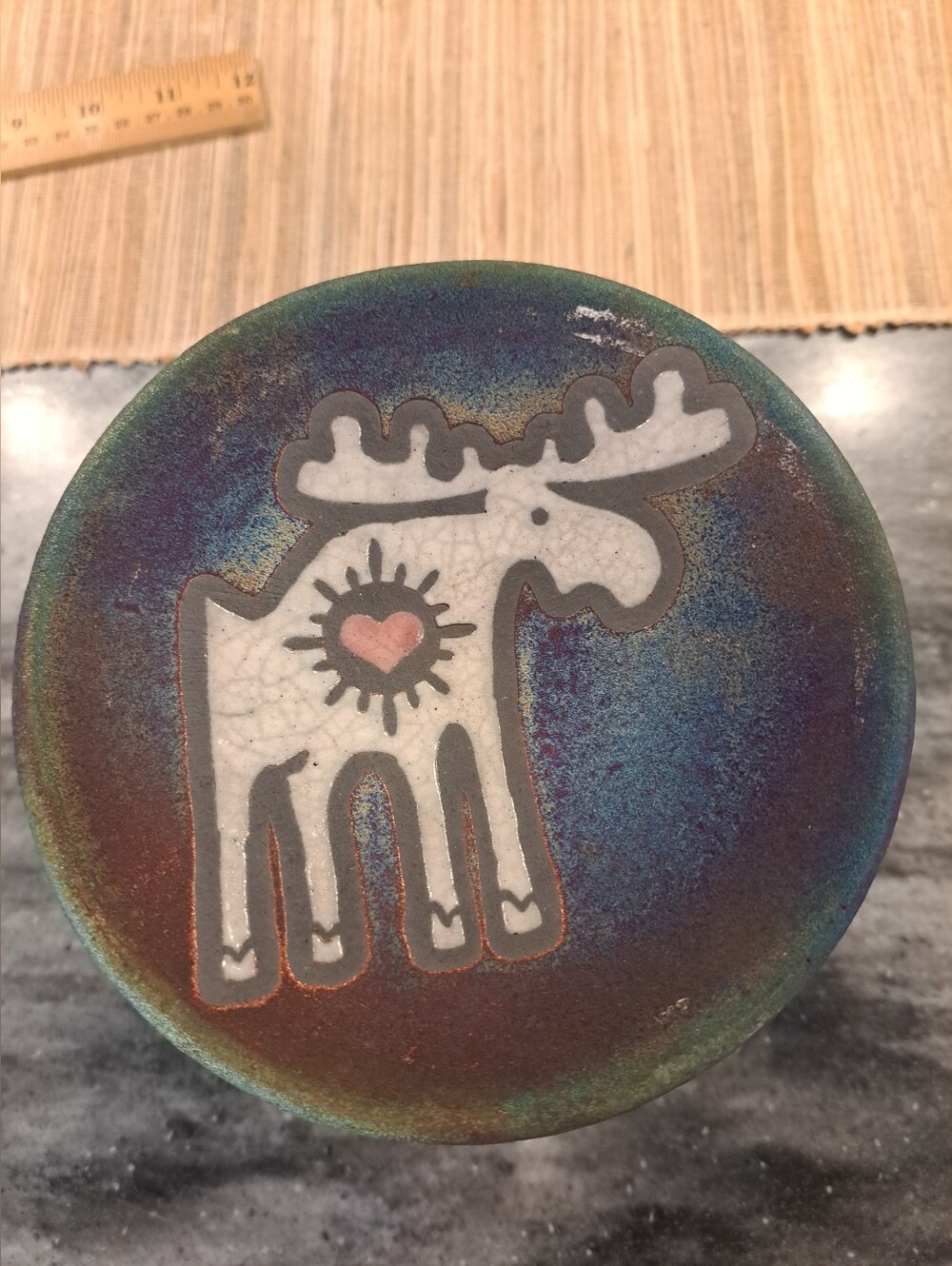Jeremy Diller Moose Heart Sunburst Iridiscent Raku Pottery Plate Signed